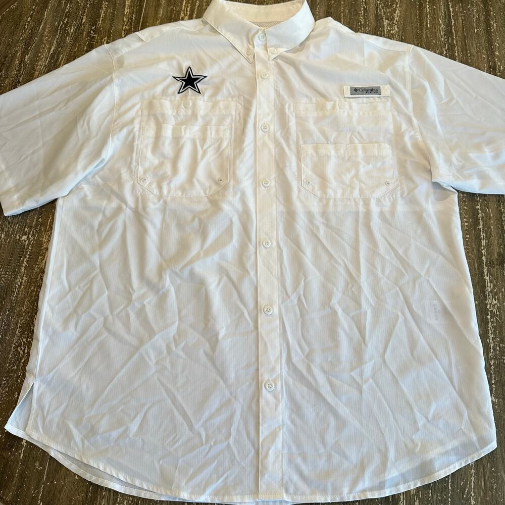 Columbia PFG Omni-Shade Dallas Cowboys Short Sleeve Button Shirt White Mens L